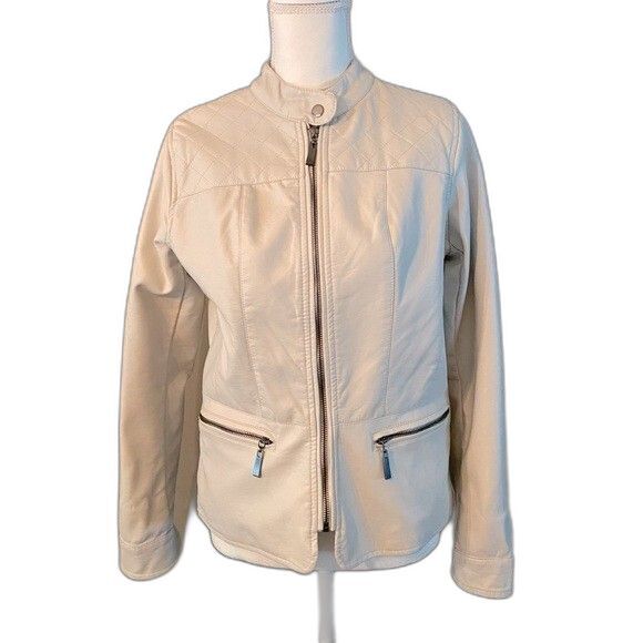 Apt 9 Cream Faux Leather with Zipper Pockets Womens Zip Jacket Size S - Picture 1 of 7